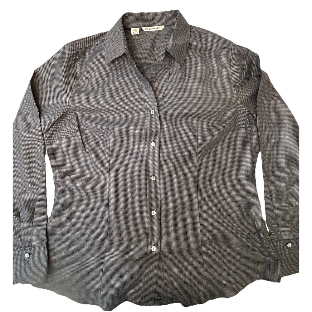 Cutter And Buck Women XL Checked Gray/black Button Down Fitted Shirt Cool Cuffs